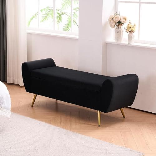 56" Storage Bench for Bedroom King Size Bed, Gold Legs, Velvet Black | Long Ottoman, Modern End of Bed Bench, with Arm, Upholstered, For Bedroom/Living Room/Window/Entryway thumbnail 5