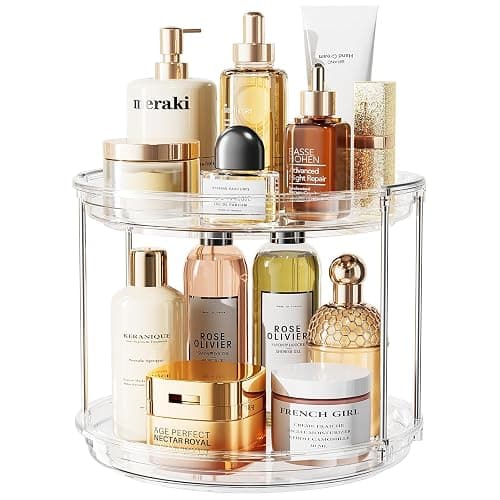 LAMU Rotating Makeup Organizer for Vanity, 10.6in 2 Tier Lazy Susan Turntable Stackable Spinning Skincare Organizer Cosmetic Perfume Tray Display for Bathroom Counterop, Large Capacity, Clear - Image 1