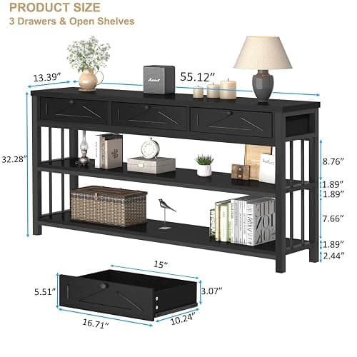 HSH Black Entryway Table with Drawers, 55” Sofa Table with Storage for Living Room, 3 Tier Console Tables with Shelves for Entrance, Wood Metal Entry Hallway Table Behind Couch, Black Oak, 55 Inch thumbnail 2