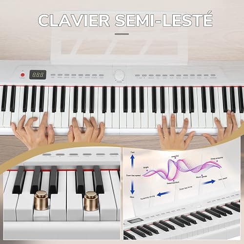 LEADZM 88 Tasten Halbgewichteten Digital Piano, Full Size Keyboard, Elektronische Tastatur mit Doppelrohr-X-Förmigem Ständer, Bluetooth MIDI, Notenständer, Sustain-Pedal, Kopfhörer (Weiß) thumbnail 3