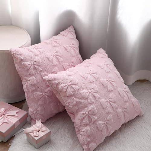 Mixweer Bow Pillow Covers Set of 2 Coquette Room Decor Cute Faux Fur Soft Bowknot Preppy Stuff Fluffy Plush Aesthetic Pillow Covers for Bed Sofa Couch, Fall Christmas Decor(20 x 20 Inch,Pink) thumbnail 5