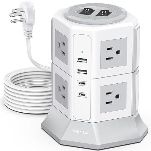 Tower Surge Protector Power Strip Flat Plugs with 8 Outlets 4 USB Ports (2 Type C), 6.5 FT Flat Extension Cord with Multiple Outlets, Charging Station with Surge Protection for Home Office Dorm - Image 1