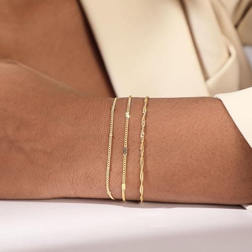 Sewyer Dainty Bracelet for Women 14K Gold Plated Cross Pearl CZ Leaf Bracelets Set Gold Layering Bracelets Everyday Jewelry thumbnail 4