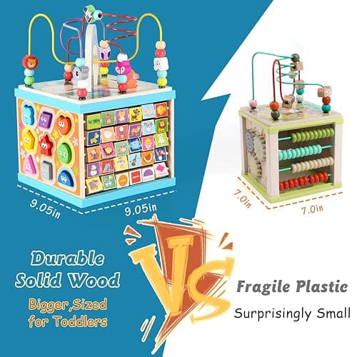 Qilay Wooden Activity Cube for Toddlers 1-3 (Large), 5 in 1 Multipurpose ABC-123 Abacus Bead Maze Shape Sorter | Early Educational Toy for Toddlers - First Birthday Present for Boys Girls thumbnail 8