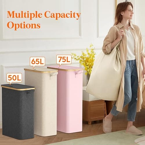 Lifewit 75L Slim Laundry Hamper with Lid, Narrow Laundry Basket with Removable Bag & Bamboo Handles, Fodable Thin Dirty Clothes Hamper for Laundry Collapsible Bin for Bathroom Bedroom Dorm, Beige thumbnail 8