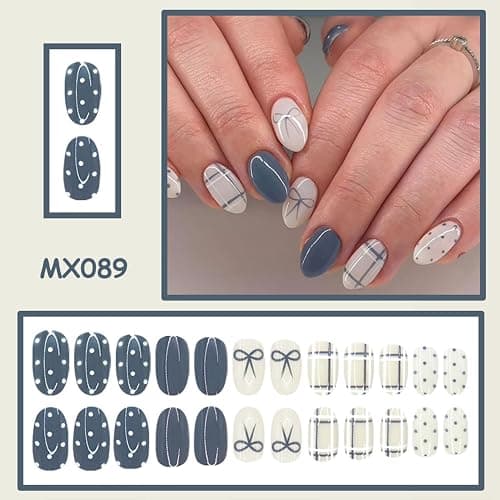 24 Pcs Polka Dot Press on Nails Almond Fake Nails Medium Nails Press Ons with Bow Grid Design Full Cover Glossy Artificial Reusable Stick on Nail for Women thumbnail 3