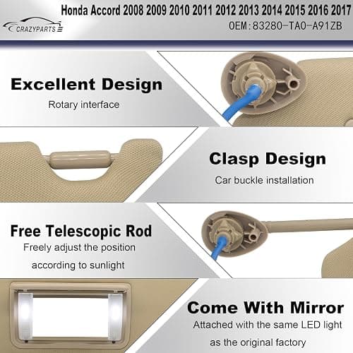 Driver Left Side Sun Visor Replacement Compatible with Honda Accord 2008 2009 2010 2011 2012 2013 2014 2015 2016 with LED Light Replaces# 83280-TA0-A91ZB 83280TA0A91ZB Color YR327L thumbnail 3