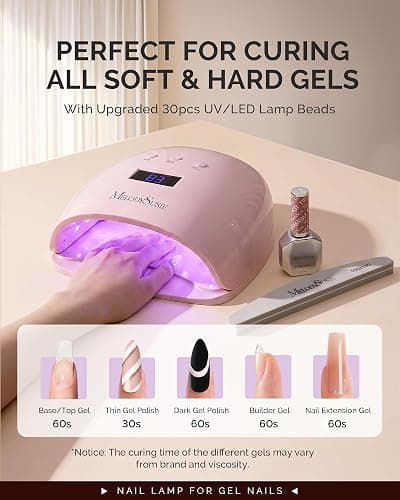 MelodySusie Detachable Base UV/LED Nail Lamp P-Plus30I for Hard Gel | 54W, 3 Timer Settings, Smart Sensor, LCD Display, 30 UV/LED Beads, Rhinestone Glue, Solid Nail Glue Gel, Liner Gel, Pink thumbnail 4