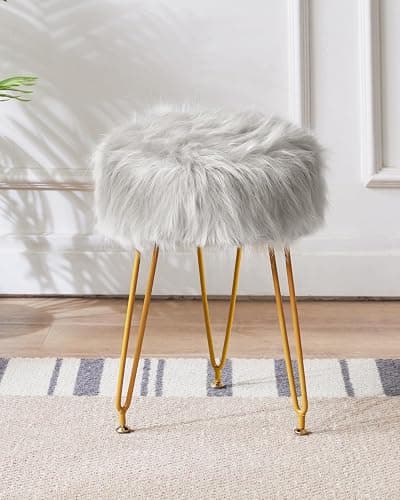 IBUYKE Faux Fur Vanity Stool Chair, Furry Makeup Stool Ottoman, Soft Padded Seat, Round Footrest Footstools with 4 Metal Legs, for Living Room Bedroom Entryway, Gray LG-32G - without storage - Grey thumbnail 2