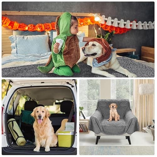 Onarway Waterproof Dog Blanket for Sofa: Washable Pet Bed Blanket Sofa Cover Protector for Dogs Cats - Anti-Slip Sherpa Fleece Throw Puppy Blanket for Bed Furniture Car Chair Floor - 120x152cm Grey thumbnail 7