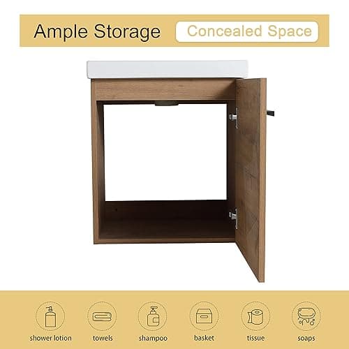 Malwee 18" Floating Bathroom Vanity with Sink, 18 Inch Single Sink Wall Mounted Bathroom Vanity, with 1 Door and White Ceramic Basin top, Modern Bath Wall-hung Storage Cabinet for Small Space(017-18) thumbnail 5