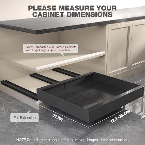 Seinloes 2 Pack Pull Out Cabinet Organizer 22" Deep,Full Extension 3 Slide Rails Slide Out Drawers With Raising Pad for Framed Cabinets,Expandable Width (12.3"-20.5"),No Drill Roll Out Shelf,Black thumbnail 2