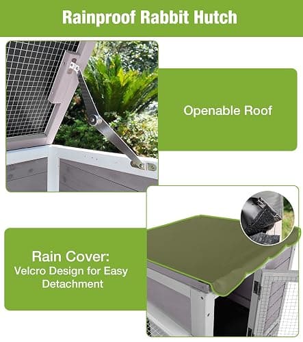 GUTINNEEN Duplex Rabbit Hutch Indoor with Chew-Proof Frame & 2 Leak-Proof Sliding Trays, Rain Cover, Wooden Guinea Pig Cages with Wheels - Grey thumbnail 4