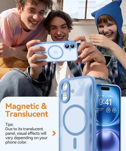CANSHN Magnetic for iPhone 16 Case, Upgraded [Full Camera Protection] [Compatible with Magsafe] [Translucent Matte] Shockproof Protective Phone Case for iPhone 16 - Light Blue thumbnail 3