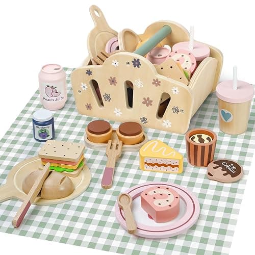 Masonbaby Wooden Play Food for Kids Kitchen With Wooden Storage Basket,Toy Kitchen Accessories Pretend Play Toy Role Play Kitchen Accessories Educational Learning Toys Christmas & Birthday Gift - Image 1