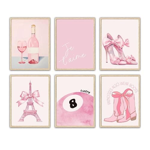 6Pink Preppy Wall Art Prints Set of 6 Coquette Bow Paris Themed Room Decor Lucky Cowgirl 8 Ball Picture Canvas Art Pink Trendy Posters Prints for Teen Girls Bedroom Dorm Decoration - Image 1