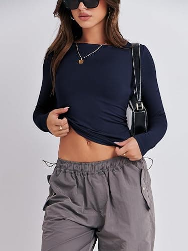 ANRABESS Women’s Long Sleeve Shirts Tight Fitted Going Out Crop Tops Crewneck Basic Tee Y2k Fall Outfits Teens Girls Clothes thumbnail 8