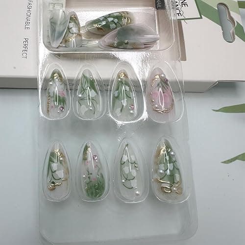 LBPEPAMZ Green Press on Nails Medium Almond Fake Nails with 3D Pearl Rhinestones Designs Gold French Tips Flower Acrylic Nails False Nails White Floral Full Cover Glossy Stick on Nails for Women 24Pcs thumbnail 6