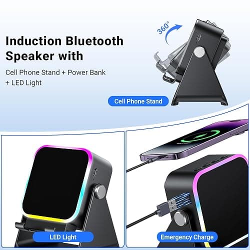 Induction Speaker with Phone Stand 5 in 1 Wireless Induction Bluetooth Audio for iPhone Android Phone Speakers Amplifier with Rechargeable Colorful Light, Birthday Gifts for Men Women Teens (Black) thumbnail 5
