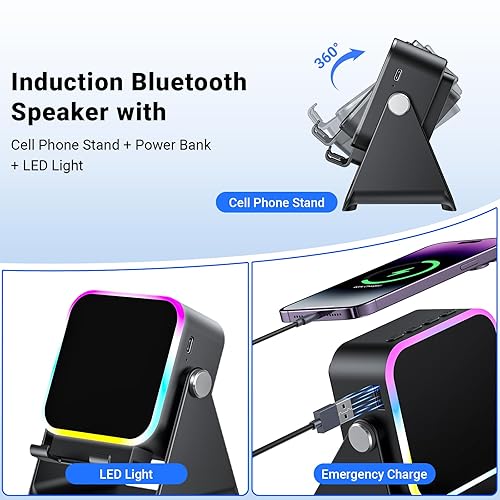 Induction Speaker with Phone Stand 5 in 1 Wireless Induction Bluetooth Audio for iPhone Android Phone Speakers Amplifier with Rechargeable Colorful Light, Birthday Gifts for Men Women Teens (Black) - Black thumbnail 6