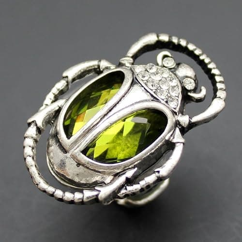 Q&Q Fashion Silver Plated Vintage Egyptian Cleopatra khepri Scarab Beetle Green Rhinestone Stretch Finger Ring thumbnail 4
