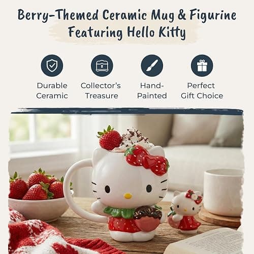 Blue Sky Clayworks Hello Kitty Strawberry Mug & Figurine Set, Ceramic, 7" L x 4" W x 7" H, Berry-Sweet Cocoa Pair thumbnail 4