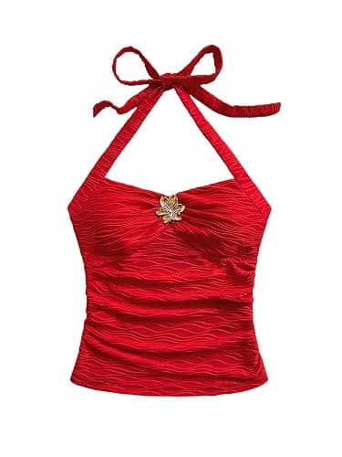 SOLY HUX Women's V Neck Halter Tops Open Back Y2k Ruched Floral Metal Summer Going Out Cami Tops - Image 1