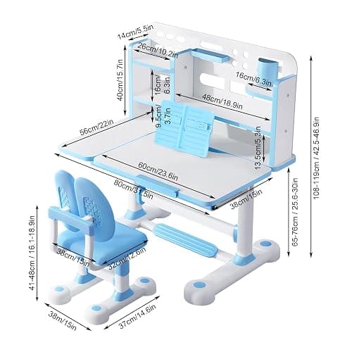 Kids Study Desk And Chair Set, Height Adjustable Children's Study Desk And Chair Set Toddler Learning Table and Stool Set with Bookshelf Storage Drawer 50-Degree Tiltable Desktop for Bedroom Blue thumbnail 2