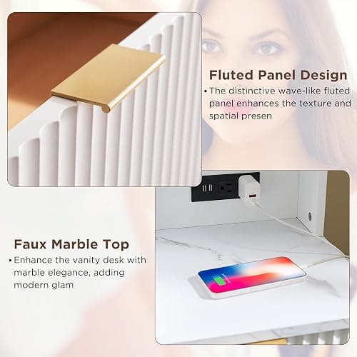 T4TREAM 48" Fluted Makeup Vanity Desk with Large 36" Mirror and Lights, Modern Glass Top Big Vanity Table with 5 Drawers & Adjustable Shelves, Dressing Table Set w/Charging Station for Bedroom, White thumbnail 6
