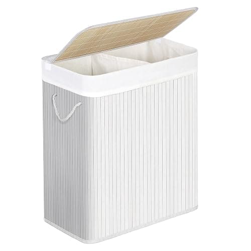 SONGMICS - Laundry Basket with Lid - Bamboo Laundry Basket with 2 Sorting Compartments, Removable Bag, Cotton Handles - Volume 100L, for Laundry Room, Bedroom - White -LCB64WT - Image 1