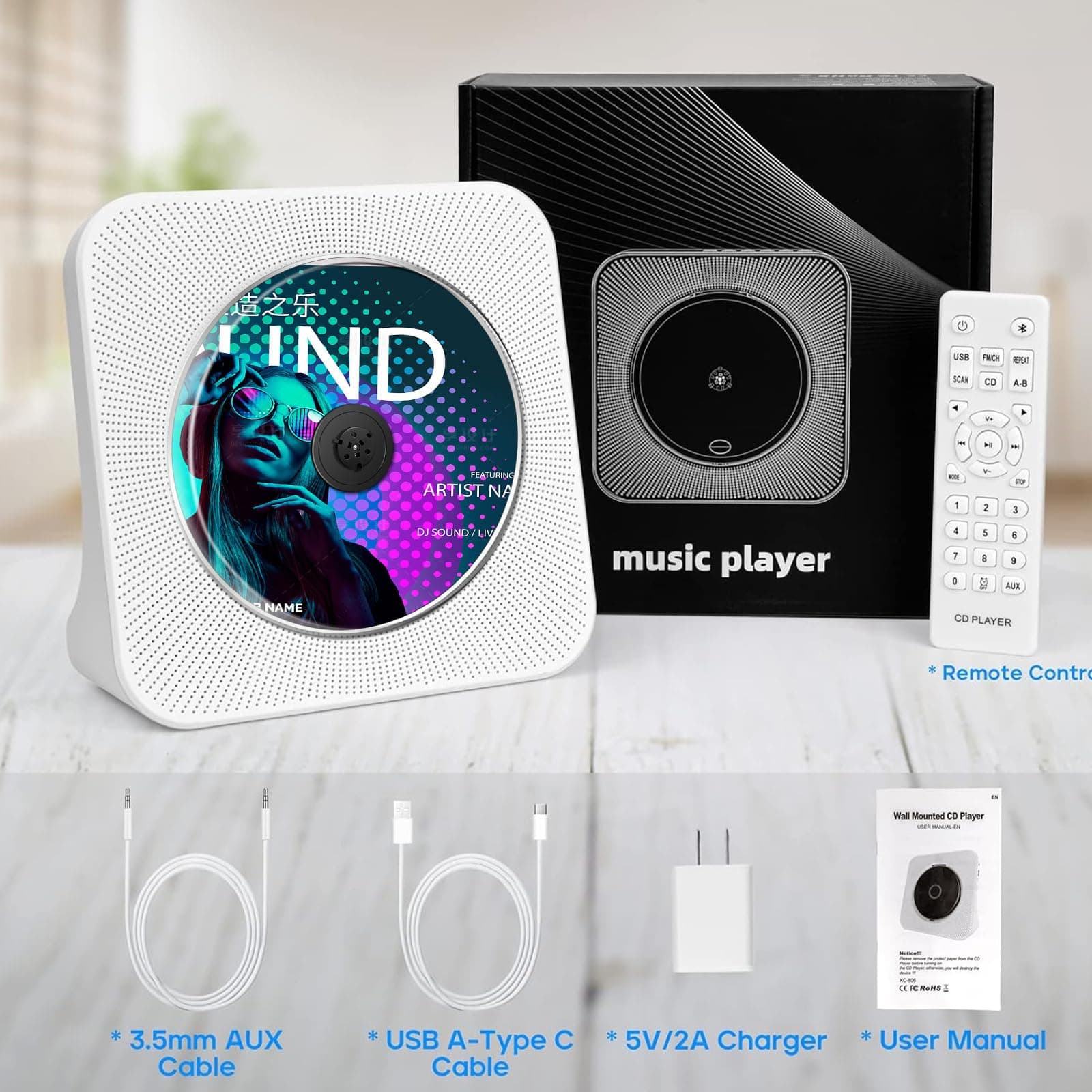 CD Player with Bluetooth Transmitter, Portable CD-Player Built-in HiFi Speakers LED Display, Music Kpop Mp3 Player Home Audio, FM Radio, Timer, USB, AUX, Remote Control, Mother Days Gift thumbnail 7