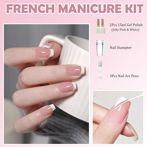 French Manicure Gel Set - Jelly Nude & Weiß UV Gel Nagellack Set mit 3 Nailart Pinseln & Nagelstempel, Soak Off UV Gellack UV für Klassischer Französische Nails Stempel & Home DIY Nail Art (Nude, ML) thumbnail 3
