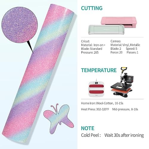 VINYL FROG Glitter HTV Vinyl 10" x5ft Heat Transfer Vinyl Roll Rainbow Iron on Vinyl Sparkle Heat Press Vinyl for T-Shirts Gift Designs thumbnail 3