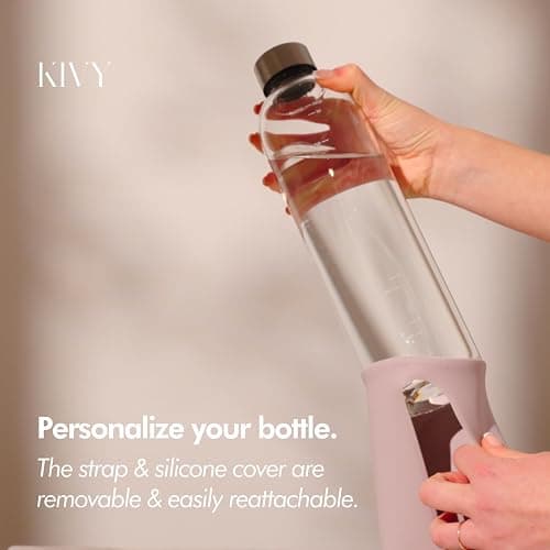 KIVY Glass Water Bottle with Silicone Sleeve 32 oz [WITH MEASUREMENT] - Borosilicate Glass Water Bottle Screw Top - Clear Bottles with Measurement Marking - Slim Waterbottle Aesthetic - Cream White - 32 Ounces - Cream White thumbnail 7