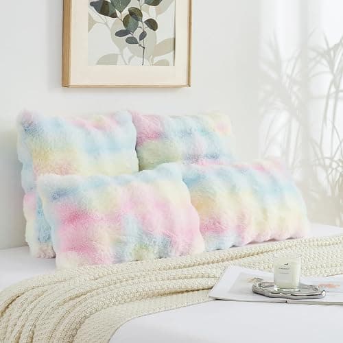 FUTEI Rainbow Decorative Throw Pillow Covers 18x18 Inch Set of 2,Soft Fuzzy Faux Rabbit Fur Cushion Covers with Raised Texture,Neutral Boho Home Decor for Couch Bed Living Room thumbnail 6