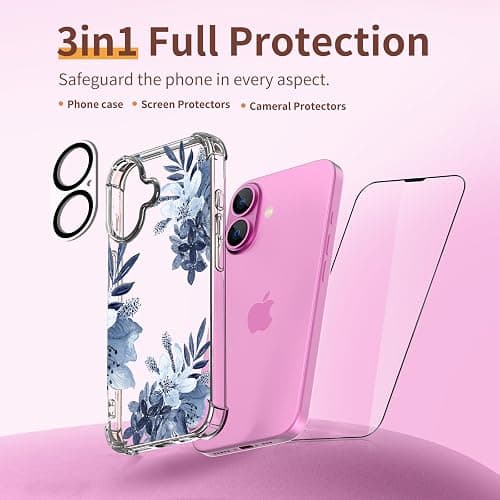 ilnehc for iPhone 16 Case,[3 in 1] with Screen Protector & Camera Lens Protector, Flower Pattern Design,Clear Soft Shockproof Slim Floral Phone Cover for Women Girls 2024 6.1"(Flower/Ink Painting) thumbnail 5