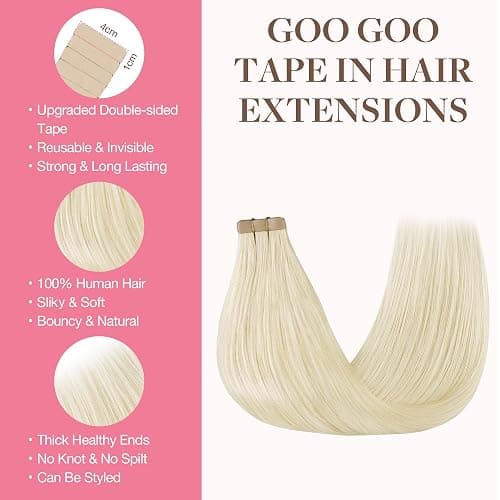 GOO GOO Tape in Hair Extensions Human Hair, 1000 Pure Platinum Blonde, 20inch 50g 20pcs, Skin Weft Seamless Invisible, Silky Straight with Thick Ends, Remy Human Hair thumbnail 2