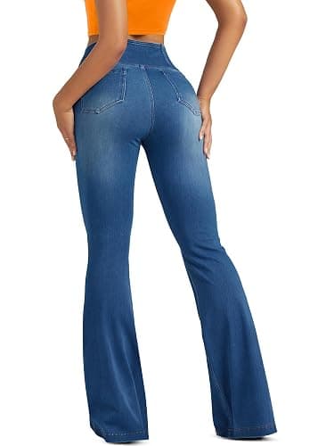 FUNUCA Knit Stretchy Jean Leggings for Women with Crossover High Waisted Bell Bottom Yoga Pants Flare Leggings with Pockets thumbnail 2