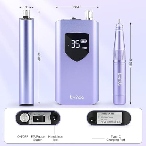 Lavinda Professional Nail Drill 35000 RPM, Cordless Electric Nail File Efile for Acrylic and Gel Nails, Manicure Pedicure Polishing Tool for Salon and Home Use (Purple) thumbnail 5