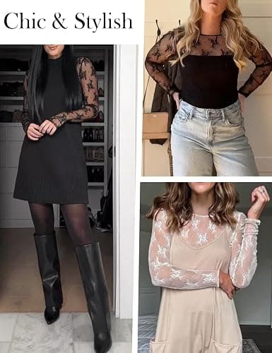 YLIRJ Women's Lace Long Sleeve Tops Mesh Sheer Blouse See Through Floral Concert Outfits Party Lace Undershirt thumbnail 5