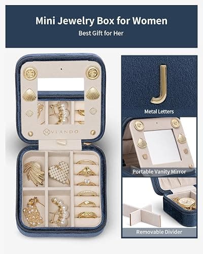 Vlando Birthday Gifts for Women Friendship, Personalized Initial Jewelry Box, Friendship Gifts for Women Friends, Travel Essentials Small Jewelry Box, Travel Box for Girls - Letter J, Dark Blue thumbnail 3