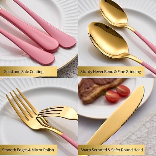 Moxinox 20-Piece Gold Silverware Set, 18/0 Stainless Steel Pink Handle Flatware Set, Service for 4, Modern Cutlery Set Includes Dinner Knives Forks Spoons, Mirror Polished, Dishwasher Safe thumbnail 6