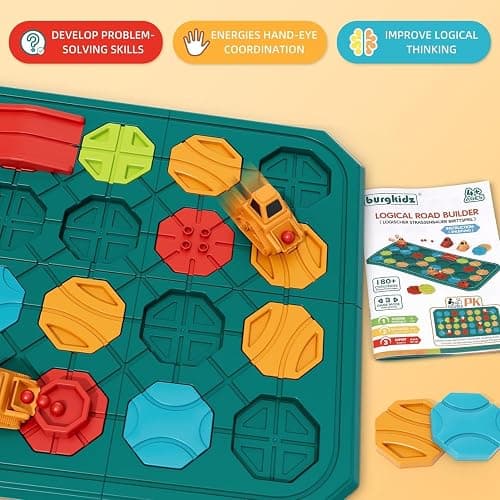 burgkidz Montessori STEM Toys for Kids: Logical Road Builder Board Game | 180+ Brain Teaser Puzzles on 8 Mega Boards - Develops Logic Skills for Preschoolers - Montessori Gifts for Boys Ages 3-8 thumbnail 3