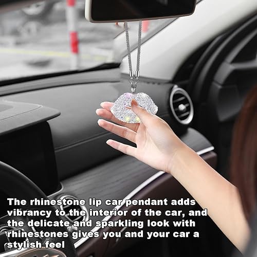 Bling Lip Diamond Hanging Accessories for Women, Crystal Rhinestone Rear View Mirror Charm, Lucky Car Decor Pendant Auto Interior Ornament, Valentine's Day Present (White) thumbnail 5