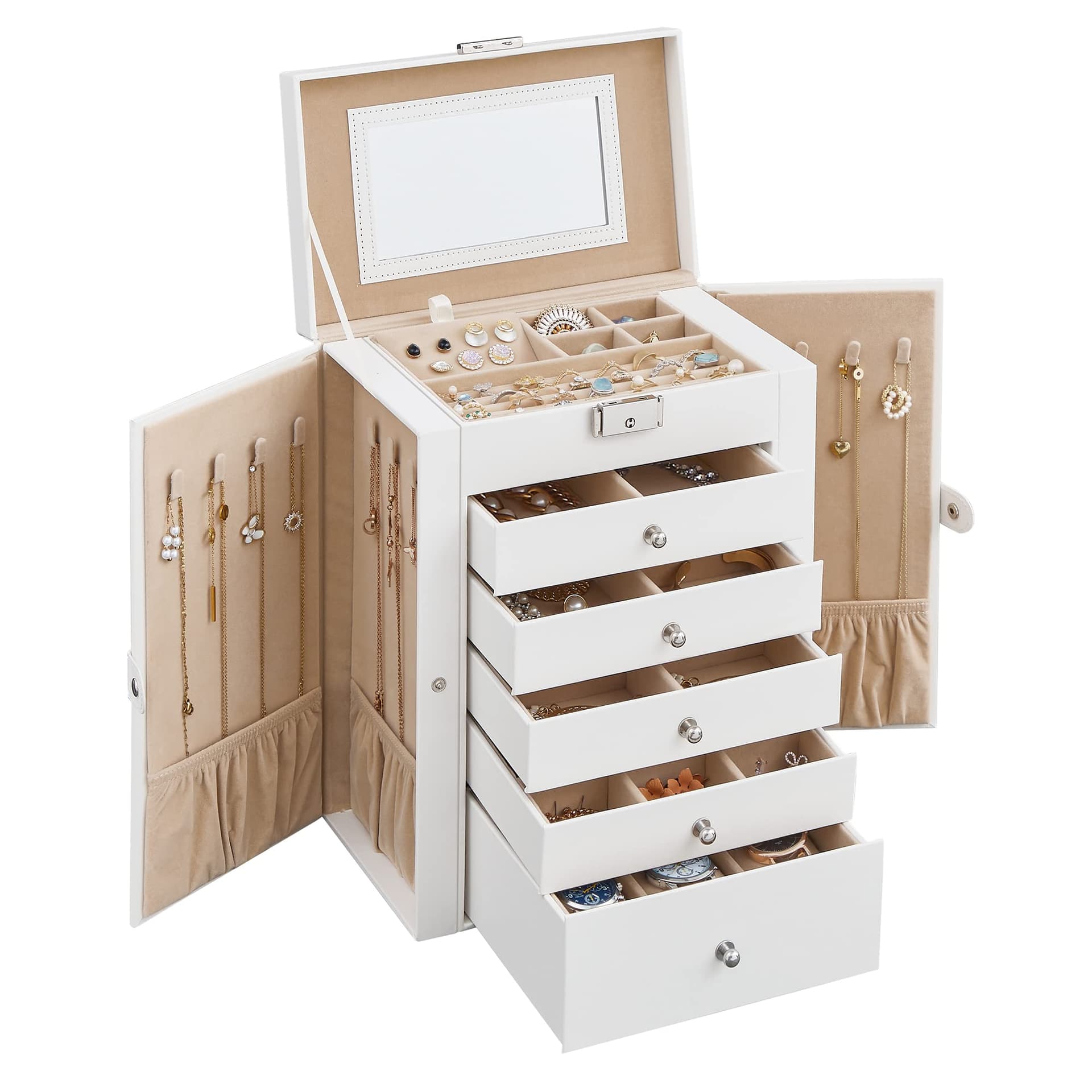 SONGMICS Caja para Joyas de 6 Niveles, Caja Joyero con 5 Cajones, Espejo, Cerradura, Superficie Blanco Nube y Forro Beige Arena MJBC152W01 - Image 1