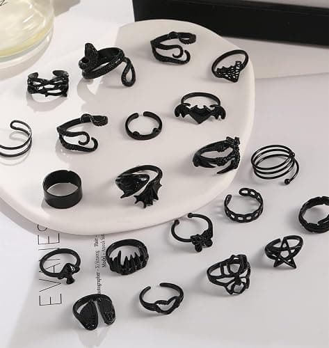 Black Gothic Vintage Rings Set - 20-30 PCS Cool Punk Jewelry with Snake, Butterfly, and Star Stacking Rings, Gift for Men, Women, Boys thumbnail 7