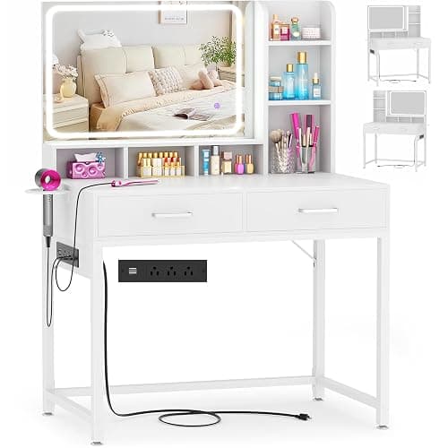 Small Vanity Desk, Vanity Desk with Mirror and Lights, Makeup Vanity Desks with Power Strip, Vanity Table with Drawers and Shelves, Adjustable Lighting, Dressing Table for Bedroom Dressing Room, White - Image 1