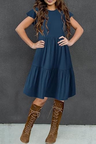 HOSIKA Girls Summer Ruffle Short Sleeve Crew Neck Loose Casual Flowy Tiered Short Dress with Pockets for 6-12 Y thumbnail 2