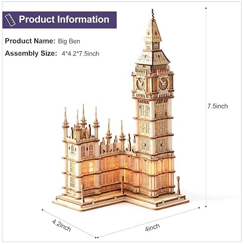 ROBOTIME 3D Puzzle for Adults Wooden Craft Kits for Teens DIY Construction Model Kit with LED Light to Build Educational Big Ben Set Toys Birthday Gifts thumbnail 3