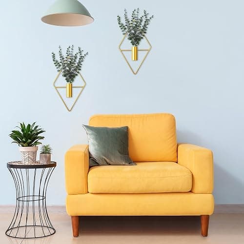 Jexine 4 Pcs Hanging Planters with Artificial Eucalyptus Metal Hanging Vase Indoor Plants Holder Modern Geometric Boho Bathroom Wall Decor for Living Room Home Office (Eucalyptus,Gold) thumbnail 2